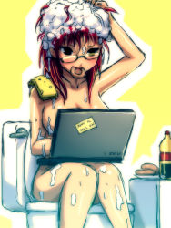 Rule 34 | 1girl, bath, black eyes, computer, doughnut, english text, food, glasses, highres, laptop, mike inel, mouth hold, multitasking, nude, nude in front of computer, original, red hair, shampoo, sitting, soda, solo, sponge, toilet