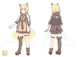 Rule 34 | &gt;:), 1girl, animal ear fluff, animal ears, asymmetrical footwear, black footwear, black jacket, black necktie, black shorts, blonde hair, blue eyes, boots, breasts, brown shirt, closed mouth, collared shirt, commentary request, dress shirt, fang, fang out, fox ears, fox girl, fox tail, highres, jacket, kitsune, kuro kosyou, long sleeves, multiple views, necktie, open clothes, open jacket, original, shirt, shorts, simple background, single thigh boot, small breasts, smile, standing, tail, thigh boots, v-shaped eyebrows, white background, white jacket, x-ray