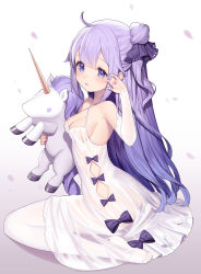 Rule 34 | absurdres, ahoge, arm up, armpits, ass, azur lane, bare shoulders, black bow, black ribbon, blue eyes, blush, bow, breasts, cleavage, collarbone, criss-cross halter, crying, crying with eyes open, detached sleeves, dress, from side, gradient background, hair bun, hair ribbon, halterneck, highres, holding, holding stuffed toy, long hair, long sleeves, looking at viewer, looking to the side, no panties, no shoes, petals, purple background, purple hair, ribbon, see-through, shirt, side bun, single hair bun, single side bun, sitting, sleeveless, sleeveless dress, small breasts, solo, stuffed animal, stuffed toy, stuffed winged unicorn, tears, thighhighs, toes, unicorn (azur lane), very long hair, wariza, white dress, white shirt, white thighhighs, wiping tears, yuri (chocho q)