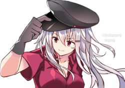 Rule 34 | 1girl, black gloves, black hat, facial scar, fathom, gangut (kancolle), gloves, grey hair, hair ornament, hairclip, hat, highres, kantai collection, long hair, looking to the side, peaked cap, red eyes, red shirt, scar, scar on cheek, scar on face, shirt, short sleeves, simple background, smile, solo, twitter username, upper body, white background