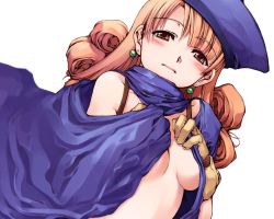 Rule 34 | 1girl, alena (dq4), blush, brown eyes, brown hair, cape, chunsoft, cloak, covering privates, covering breasts, dragon quest, dragon quest iv, earrings, enix, gloves, hat, jewelry, long hair, matching hair/eyes, naked cape, nude, orange eyes, orange hair, simple background, solo