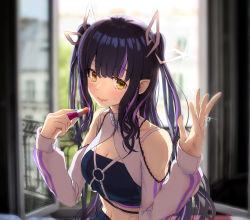 Rule 34 | 1girl, absurdres, backlighting, black hair, black skirt, black tube top, blunt bangs, blurry, blurry background, blush, botan (oacdrykafjf3g3d), breasts, cleavage, closed mouth, clothing cutout, commentary request, cosmetics, day, demon girl, demon horns, glint, highres, holding, holding lipstick tube, horns, indoors, jacket, jewelry, kojo anna, kojo anna (2nd costume), lace trim, lipstick, lipstick tube, long hair, long sleeves, looking at viewer, makeup, medium breasts, midriff, multicolored hair, nanashi inc., navel, official alternate costume, open window, pointy ears, purple hair, ring, shoulder cutout, shrug (clothing), skirt, smile, solo, strapless, sugar lyric, tube top, two-tone hair, upper body, virtual youtuber, white jacket, window, yellow eyes