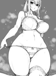 Rule 34 | 1girl, blush, bra, breasts, cleavage, greyscale, haseru (ginku mh), heart, highres, large breasts, lingerie, looking at viewer, medium hair, monochrome, original, panties, panty pull, pulled by self, solo, thighhighs, underwear