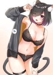 Rule 34 | 1girl, :d, animal ear fluff, animal ears, black bra, black choker, black hair, black jacket, black panties, bra, breasts, bridal garter, cat ears, cat girl, cat tail, choker, collarbone, eyes visible through hair, fang, hair over one eye, hand on own thigh, hand up, highres, jacket, katsushika pachi, large breasts, long sleeves, looking at viewer, mole, mole on breast, navel, open clothes, open jacket, open mouth, original, panties, pink eyes, short hair, skin fang, smile, solo, spiked choker, spikes, tail, underwear, zipper, zipper panties