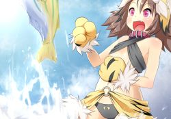 Rule 34 | 1girl, :d, animal hands, bad id, bad pixiv id, brown hair, collar, fang, fish, gloves, koihime musou, midriff, navel, nemo (piisukun), open mouth, panties, paw gloves, purple eyes, smile, solo, tora (koihime musou), twintails, underwear, water