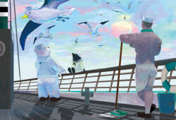 Rule 34 | 2boys, acrylic paint (medium), animal, ass, bara, bear boy, bird, boat, bucket, clothed animal, cloud, cloudy sky, cross, fence, flying, from behind, from below, furry, furry male, gradient sky, hat, holding, holding mop, innertube, looking up, male focus, mop, multiple boys, muscular, muscular male, original, painting (medium), pants, penguin, pigeon, sailor, sailor (torajiro), sailor hat, scenery, seagull, short hair, sky, standing, swim ring, thick eyebrows, tight clothes, tight pants, torajiro art, traditional media, watercraft, wet pants
