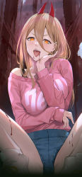 Rule 34 | 1girl, absurdres, bare shoulders, blonde hair, breasts, chainsaw man, cross-shaped pupils, crosshair pupils, demon horns, denim, denim shorts, hair between eyes, highres, horns, long hair, long sleeves, looking at viewer, medium breasts, mhk (mechamania), off-shoulder shirt, off shoulder, open mouth, pink shirt, power (chainsaw man), red horns, sharp teeth, shirt, short shorts, shorts, solo, symbol-shaped pupils, teeth, thighs, tongue, tongue out, yellow eyes