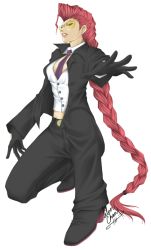 Rule 34 | 1girl, braid, capcom, crimson viper, cross, earrings, formal, gloves, jewelry, long hair, midriff, necktie, pant suit, pants, pompadour, red hair, signature, silver-chan, single braid, solo, street fighter, street fighter iv (series), suit, sunglasses