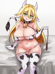 Rule 34 | 100 percent orange juice, 1girl, :p, alternate breast size, animal ears, animal print, areola slip, bare shoulders, bell, belt collar, bikini, blonde hair, blush, breasts, collar, collarbone, commentary, cow ears, cow girl, cow horns, cow print, cow print bikini, cow tail, cowbell, elbow gloves, english commentary, eyepatch bikini, gloves, green eyes, hair between eyes, heart, heart-shaped pupils, highres, horns, huge breasts, kemonomimi mode, leash, long hair, looking at viewer, nav (itsnav), navel, neck bell, print bikini, print gloves, print thighhighs, side-tie bikini bottom, sitting, solo, sora (orange juice), suguri, swimsuit, symbol-shaped pupils, tail, thighhighs, tongue, tongue out, untied bikini