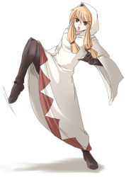 Rule 34 | 1girl, blonde hair, boots, brown eyes, female focus, final fantasy, final fantasy tactics, full body, gloves, high kick, hood, kicking, ment, open mouth, robe, solo, thigh boots, thighhighs, white mage, white mage (fft), white mage (final fantasy)