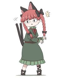 Rule 34 | 1girl, ^^^, animal ears, black bow, black footwear, bow, braid, cat ears, cat tail, dress, full body, green dress, hair bow, kaenbyou rin, long dress, multiple tails, neck ribbon, nekomata, parted lips, poronegi, red hair, red ribbon, ribbon, shoes, simple background, slit pupils, solo, standing, tail, touhou, triangle mouth, turning head, twin braids, two tails, white background