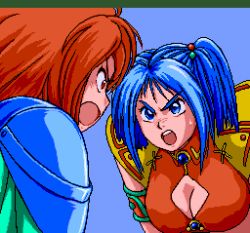 Rule 34 | 2girls, angry, anita (basted), argue, armor, basted, blue hair, breasts, cleavage, game, gems, multiple girls, pc engine, pixel art, raiza (basted), red hair