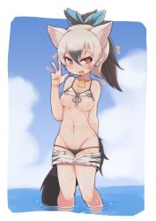 Rule 34 | 10s, 1girl, :d, ?, @ @, aardwolf (kemono friends), absurdres, animal ears, bad id, bad pixiv id, bare shoulders, bikini, bikini top lift, black eyes, black hair, blue sky, blush, breasts, clothes lift, clothes pull, cloud, day, extra ears, fang, groin, hair between eyes, hair ribbon, hand up, heart, highres, jewelry, kemono friends, kemono friends festival, looking at viewer, medium breasts, multicolored hair, navel, necklace, nipples, open mouth, outdoors, ponytail, ribbon, shell, shell necklace, short hair, short shorts, shorts, shorts pull, sky, smile, solo, stomach, swimsuit, symbol-shaped pupils, tail, teranekosu, two-tone hair, w, wading, water, wet, white hair
