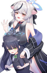 2girls absurdres aged_up alternate_breast_size animal_ear_fluff animal_ears black_dress black_hair blue_archive blue_halo blush breasts brown_eyes china_dress chinese_clothes cleavage_cutout clothing_cutout commentary_request diamond_cutout dress extra_ears gnoet green_eyes grey_hair halo hand_up highres kokona_(blue_archive) large_breasts long_hair looking_at_viewer multicolored_hair multiple_girls off_shoulder open_mouth short_sleeves shun_(blue_archive) shun_(small)_(blue_archive) simple_background sleeveless sleeveless_dress small_breasts smile streaked_hair striped_clothes striped_dress tiger_ears tiger_girl vertical-striped_clothes vertical-striped_dress white_background