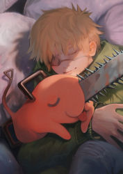 Rule 34 | 1boy, aged down, blonde hair, blue pants, chainsaw, chainsaw man, closed eyes, closed mouth, denji (chainsaw man), eyepatch, green jacket, highres, jacket, long sleeves, monster, one eye covered, pants, pochita (chainsaw man), sack, shirushi (in), short hair, sleeping, smile, tongue, tongue out, upper body