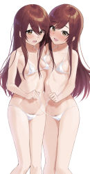 Rule 34 | 2girls, :d, asymmetrical docking, bad id, bad pixiv id, bare arms, bare legs, bare shoulders, bikini, blush, breast press, breasts, breasts apart, collarbone, embarrassed, feet out of frame, female pubic hair, highres, holding, idolmaster, idolmaster shiny colors, long hair, looking at viewer, looking away, looking down, micro bikini, miito (meeeeton333), multiple girls, nose blush, open mouth, osaki amana, osaki tenka, pubic hair, pubic hair peek, red hair, siblings, side-tie bikini bottom, sidelocks, simple background, sisters, small breasts, smile, standing, swept bangs, swimsuit, twins, untied bikini, white background, white bikini