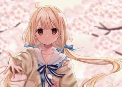 Rule 34 | 1girl, blonde hair, blurry, blurry background, blush, cardigan, cherry blossoms, depth of field, floating hair, foreshortening, futaba anzu, hair ribbon, highres, idolmaster, idolmaster cinderella girls, idolmaster cinderella girls starlight stage, looking at viewer, outdoors, reaching, reaching towards viewer, ribbon, rino cnc, smile, solo, twintails, upper body, yellow cardigan