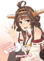Rule 34 | 1girl, :d, ahoge, alakoala, bare shoulders, boots, brown hair, commentary request, double bun, hair bun, headgear, highres, japanese clothes, kantai collection, kongou (kancolle), kongou kai ni (kancolle), long hair, looking at viewer, nontraditional miko, open mouth, purple eyes, signature, simple background, sitting, smile, solo, thigh boots, thighhighs, waving arm, white background