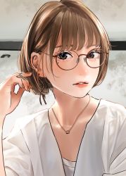 Rule 34 | 1girl, brown eyes, brown hair, collarbone, glasses, hand up, highres, jewelry, lips, lipstick, looking at viewer, makeup, mole, mole under eye, nail polish, necklace, original, parted lips, round eyewear, saitou (lynx-shrike), shirt, short hair, short sleeves, solo, white shirt
