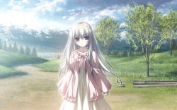 Rule 34 | 1girl, albino, chikotam, cloud, day, eden they were only two on the planet, game cg, long hair, minori (company), mountain, nature, red eyes, ribbon, scenery, sion (eden), sky, tree, white hair