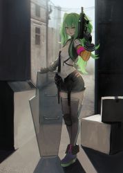 Rule 34 | 1girl, :d, armband, ballistic shield, box, building, bulletproof glass, calico m950, calico m950a, cheek pistol, double-stack magazine, full body, girls&#039; frontline, gloves, green hair, gun, handgun, hayabusa, helical magazine, high-capacity magazine, highres, indoors, long hair, looking at viewer, m950a (girls&#039; frontline), machine pistol, necktie, open mouth, pistol, power lines, scenery, shield, shorts, smile, solo, standing, stubby grip, suspenders, thighhighs, twintails, vertical forward grip, weapon, yellow eyes