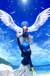 Rule 34 | 1girl, absurdres, angel wings, beach, blue hair, book, bow, bowtie, brown eyes, day, dual persona, eye contact, feathered wings, grey skirt, hairband, highres, holding, holding book, little busters!, long skirt, looking at another, mutsuki (moonknives), nagel wings, nishizono mio, ocan, ocean, outdoors, pink bow, pleated skirt, red hairband, school uniform, short hair, skirt, sun, umbrella, white skirt, white umbrella, white wings, wings