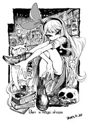 Rule 34 | 1girl, animal, ankle boots, bare legs, book, book stack, bookmark, boots, candle, cat, cork, cross-laced footwear, crossed legs, dated, dress, ellen (touhou), english text, erlenmeyer flask, flask, frilled sleeves, frills, full body, greyscale, grumpy cat, headband, heran hei mao, jack-o&#039;-lantern, lace-up boots, long hair, looking at viewer, monochrome, pumpkin, short sleeves, sign, skull, smug, tagme, test tube, touhou, touhou (pc-98), tsurime