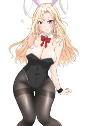 Rule 34 | 1girl, absurdres, animal ears, bare shoulders, blonde hair, blue eyes, blush, breasts, cleavage, forehead, gluteal fold, heart, highres, hornet (kancolle), kantai collection, large breasts, leotard, lipstick, long hair, looking at viewer, makeup, nitamako (sakamalh), pantyhose, playboy bunny, rabbit ears, smile, solo, thighband pantyhose, wavy hair, wristband