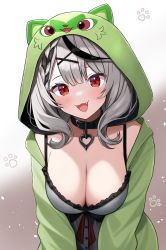 Rule 34 | 1girl, absurdres, black collar, black hair, blush, breasts, camisole, cleavage, collar, collarbone, creatures (company), fang, fangs, fangs out, frilled camisole, frills, game freak, green fur, grey hair, hair ornament, heart collar, highres, hololive, large breasts, medium hair, multicolored hair, nintendo, open mouth, pajamas, pokemon, red eyes, sakamata chloe, solo, sprigatito, starter pokemon trio, streaked hair, urushinuri, virtual youtuber, x hair ornament