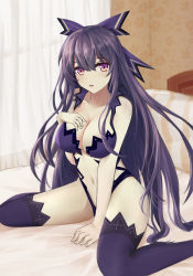 Rule 34 | 1girl, absurdres, artist request, bed, blush, bow, breasts, cleavage, collarbone, date a live, hair between eyes, hair bow, highres, indoors, large breasts, long hair, looking at viewer, navel, parted lips, purple eyes, purple hair, purple thighhighs, revealing clothes, sitting, solo, stomach, thighhighs, very long hair, wariza, yatogami tooka, yatogami tooka (true form)