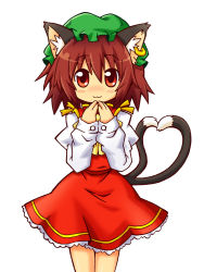 Rule 34 | 1girl, :3, animal ears, blush, brown hair, cat ears, cat girl, cat tail, chen, dress, earrings, female focus, hat, heart, heart tail, hiyoshi (skick), jewelry, multiple tails, red eyes, short hair, simple background, solo, standing, tail, touhou, white background