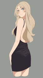 Rule 34 | 1girl, back, backless dress, backless outfit, bare arms, bare back, bare shoulders, black dress, blonde hair, blue eyes, blush, breasts, commentary, cowboy shot, cropped legs, dress, evening gown, eyebrows, eyelashes, female focus, green eyes, haiba arisa, haikyuu!!, hand on own thigh, heterochromia, highres, keijikin, long hair, looking at viewer, looking back, medium breasts, photo-referenced, short dress, simple background, sleeveless, sleeveless dress, smile, solo, spaghetti strap, thighs, twitter username