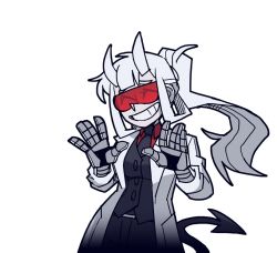 Rule 34 | 1girl, ^ ^, belt, black jacket, black necktie, black pants, breasts, buttons, closed eyes, coat, collared shirt, cowboy shot, demon girl, demon tail, female focus, formal, goggles, grin, hair rings, hands up, happy, helltaker, horns, jacket, lab coat, long hair, long sleeves, loremaster (helltaker), mechanical arms, medium breasts, necktie, official art, open clothes, open coat, pants, pocket, ponytail, prosthesis, red-tinted eyewear, red-tinted glasses, red shirt, rimless eyewear, shirt, sidelocks, simple background, sleeves rolled up, smile, solo, standing, suit, sunglasses, tail, teeth, tinted eyewear, transparent background, vanripper, visor, white coat, white hair