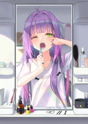 Rule 34 | 1girl, 333shishishi333, absurdres, ahoge, bathroom, brushing teeth, comb, cup, fangs, green eyes, hair flaps, hair tie, highres, holding, holding toothbrush, hololive, indoors, long hair, looking at viewer, messy hair, mirror, multicolored hair, nail polish bottle, one eye closed, open mouth, pink hair, purple hair, raised eyebrows, reflection, shirt, short sleeves, soap dispenser, solo, standing, streaked hair, t-shirt, teardrop, tokoyami towa, toothbrush, virtual youtuber, white shirt, yawning