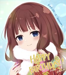 Rule 34 | 1girl, artist name, assault lily, blue background, blue eyes, blunt bangs, brown hair, character name, closed mouth, commentary, dated, fingernails, floral print, fur scarf, gradient background, hands up, happy birthday, highres, japanese clothes, kaede johan nouvel, kimono, long hair, long sleeves, looking at viewer, piatin, portrait, print kimono, red kimono, scarf, sidelocks, sleeves past wrists, smile, solo, wavy hair, white scarf