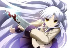 Rule 34 | 10s, 1girl, angel beats!, blazer, blood, detexted, female focus, hand sonic, highres, jacket, long hair, non-web source, school uniform, silver hair, simple background, solo, tenshi (angel beats!), third-party edit, very long hair, white background, yellow eyes