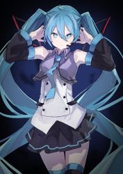 Rule 34 | 1girl, absurdres, ahoge, black background, black skirt, black thighhighs, blue hair, blue necktie, bright pupils, closed mouth, cowboy shot, detached sleeves, hair between eyes, hatsune miku, headset, highres, long hair, looking at viewer, necktie, shiratakiseaice, skirt, solo, standing, thighhighs, twintails, very long hair, vocaloid, white pupils