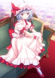 Rule 34 | 1girl, arm rest, ascot, bad id, bad pixiv id, bat wings, blue hair, bow, checkered floor, couch, floor, hat, hat ribbon, high heels, highres, ina (inadahime), leg up, light smile, looking at viewer, mob cap, pillow, puffy short sleeves, puffy sleeves, red carpet, red eyes, remilia scarlet, ribbon, short hair, short sleeves, sitting, skirt, skirt set, solo, touhou, wings, wrist cuffs