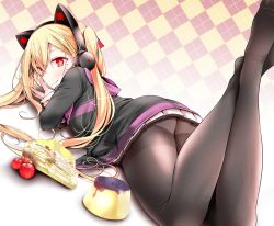 Rule 34 | 1girl, animal ear headphones, animal ears, ass, azur lane, black pantyhose, blonde hair, blush, breasts, cake, candy, cat ear headphones, cherry, commentary request, concord (azur lane), crossed ankles, fake animal ears, fang, feet, feet up, fine fabric emphasis, food, fruit, hair between eyes, hair ribbon, headphones, hood, hood down, hooded jacket, jacket, long hair, long sleeves, looking back, lying, medium breasts, mole, mole under eye, mouth hold, no shoes, on stomach, oouso, open clothes, open jacket, pantyhose, pleated skirt, pudding, red eyes, red ribbon, ribbon, sidelocks, skirt, solo, star-shaped pupils, star (symbol), symbol-shaped pupils, thighband pantyhose, thighs, toes, twintails, twitter username, v, white skirt