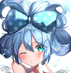 Rule 34 | 1girl, 380u0, ;), absurdres, alternate hairstyle, blush, bow, cinnamiku hairstyle, cirno, eyes visible through hair, highres, ice, ice wings, looking at viewer, nail polish, one eye closed, polka dot, polka dot bow, sanrio, simple background, smile, solo, touhou, v-shaped eyebrows, white background, wings