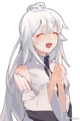 Rule 34 | 1girl, blush, closed eyes, douluo dalu, gu yuena, long hair, own hands clasped, own hands together, silver hair, smile, weibo logo, weibo watermark, white background