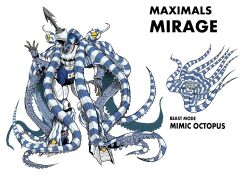 Rule 34 | beast wars, blue eyes, character name, glowing, glowing eyes, harpoon, highres, looking at viewer, mecha, mirage (transformers), multiple views, octopus, oohara tetsuya, open hand, redesign, robot, science fiction, shoulder cannon, tentacles, transformers, white background