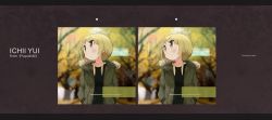 Rule 34 | 1girl, bad id, bad pixiv id, blonde hair, blush, character name, copyright name, english text, highres, ichii yui, jacket, letterboxed, long sleeves, looking away, okayparium, open mouth, short hair, solo, stereogram, yellow eyes, yuyushiki