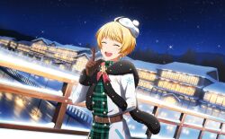 Rule 34 | 1boy, ahoge, arm behind back, belt, blonde hair, blush, brown gloves, buttons, closed eyes, coat, gloves, hat, highres, idolmaster, idolmaster side-m, idolmaster side-m live on stage!, male focus, night, night sky, official art, open mouth, pierre bichelberger, sky, smile, snowflake print, star (sky), star (symbol), starry sky, teeth, third-party source, upper teeth only, white coat, white hat