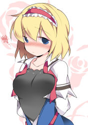 Rule 34 | 1girl, alice margatroid, arms behind back, bad id, bad pixiv id, blonde hair, blue eyes, blush, breasts, camisole, capelet, commentary request, hairband, hammer (sunset beach), lolita hairband, looking at viewer, nose blush, open clothes, revision, short hair, simple background, solo, squiggle, touhou, white background