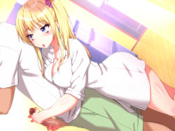 Rule 34 | 1girl, bare legs, blonde hair, blue eyes, blush, breast press, breasts, censored, cleavage, collared shirt, dutch angle, eyebrows, handjob, highres, indoors, large breasts, legs, long hair, looking at another, mosaic censoring, nabesekizaiten, original, parted lips, penis, shirt, solo focus, standing, thighs, twintails