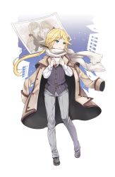 Rule 34 | 1girl, androgynous, blonde hair, blue eyes, chris (princess principal), coat, faceless, full body, grey footwear, grey pants, highres, jacket, jacket on shoulders, long hair, looking to the side, official art, pants, photo (object), pocket, ponytail, princess principal, princess principal game of mission, scarf, shoes, solo, standing, striped, transparent background, trench coat, vertical stripes, vest, white scarf