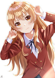 Rule 34 | 1girl, aisaka taiga, akiyama0818, black ribbon, blazer, blouse, blue skirt, brown eyes, brown hair, buttons, collared shirt, commentary request, double-breasted, highres, jacket, leaning to the side, long hair, looking at viewer, oohashi high school uniform, red jacket, ribbon, school uniform, shirt, simple background, skirt, solo, toradora!, upper body, white background, white shirt