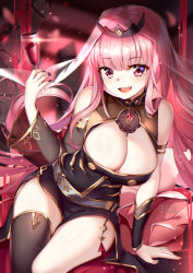 Rule 34 | 1girl, :d, alcohol, arm support, artist name, black dress, black nails, black thighhighs, blunt bangs, breasts, cleavage, cleavage cutout, clothing cutout, cup, detached collar, detached sleeves, dress, drinking glass, highres, holding, hololive, hololive english, large breasts, long hair, looking at viewer, mori calliope, nail polish, open mouth, pink background, pink eyes, pink hair, ribbon, single detached sleeve, single thighhigh, sitting, smile, solo, squchan, thighhighs, tiara, virtual youtuber, watermark, web address, wine, wine glass