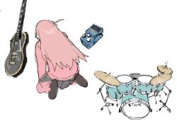 Rule 34 | 1girl, bocchi the rock!, commentary request, cube hair ornament, drum, drum set, electric guitar, foot pedal, gibson les paul, gotoh hitori, grey skirt, guitar, hair ornament, instrument, jacket, long sleeves, nininikal, one side up, pants, pants under skirt, pink hair, pink jacket, pink pants, pink track suit, pleated skirt, simple background, skirt, solo, squatting, white background